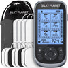 Silky Planet EMS-muskelstimulator med förvaringspåse och elektrodplåster, display visar behandlingslägen.