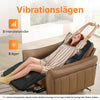 Person i fåtölj på massagematta, information om tre intensitetsnivåer och fem vibrationslägen.