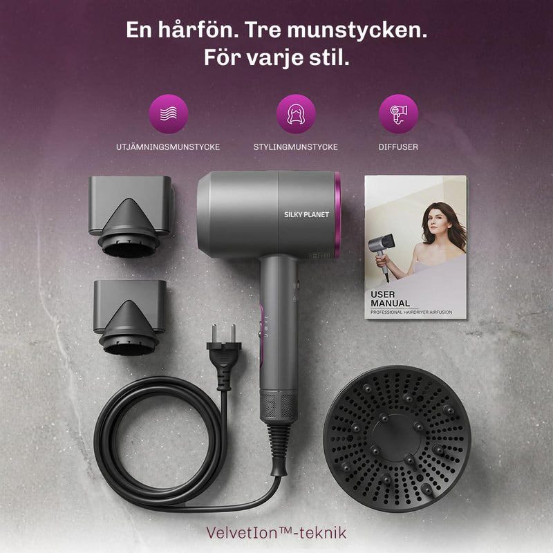 Jonisk AirFusion hårfön med jonteknik för mjukare, glansigare och fylligare hår.