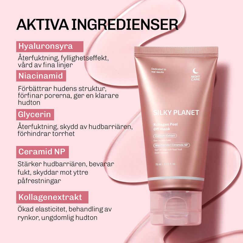 Kollagenet i masken gör huden fastare och jämnare efter regelbunden användning.