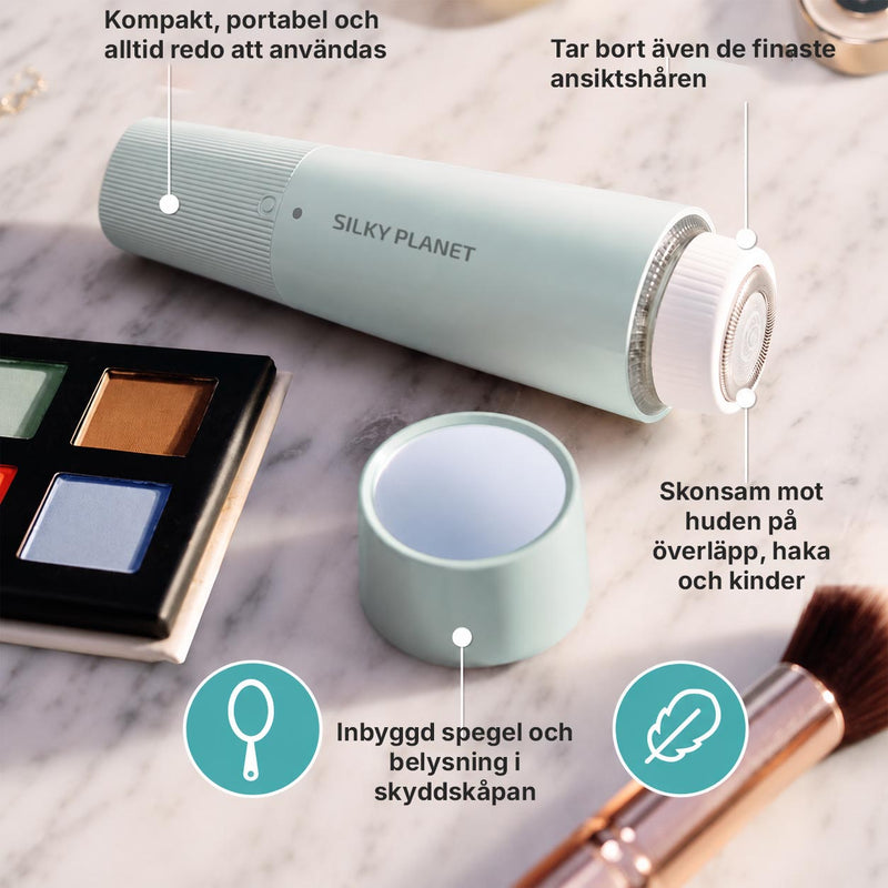 Infografik med funktioner hos Silky Planet ansiktshårborttagare: kompakt, inbyggd spegel och belysning, skonsam mot huden.