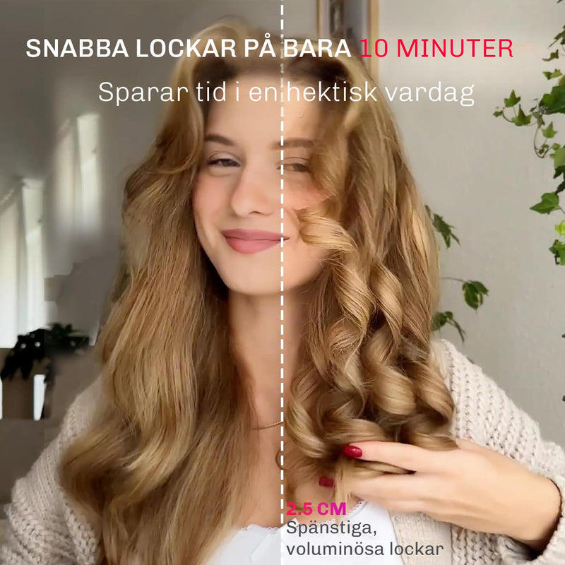 Före- och efterbild av hår som lockats med Silky Planet automatisk locktång