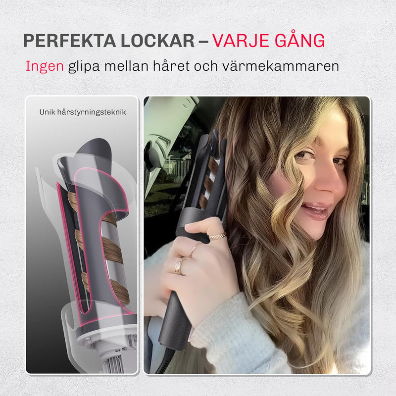 Kvinna använder Silky Planet automatisk locktång med hårstyrningsteknik