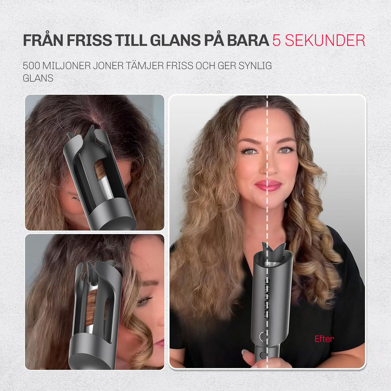 Resultat av jonteknik i Silky Planet automatisk locktång, från frisigt till glansigt hår