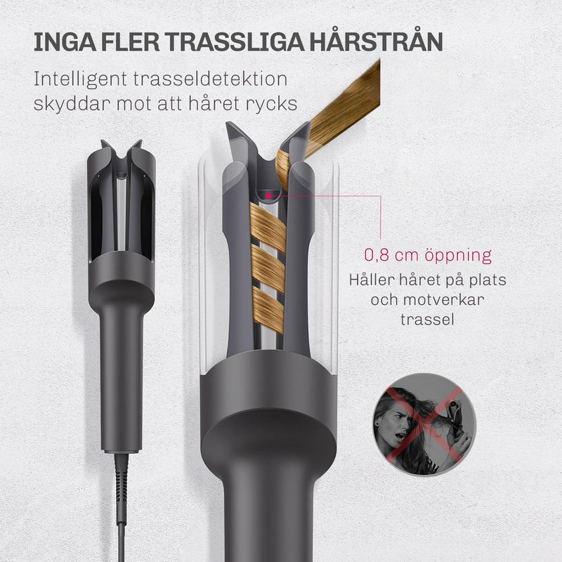 Närbild på trasselskyddsfunktionen i Silky Planet automatisk locktång