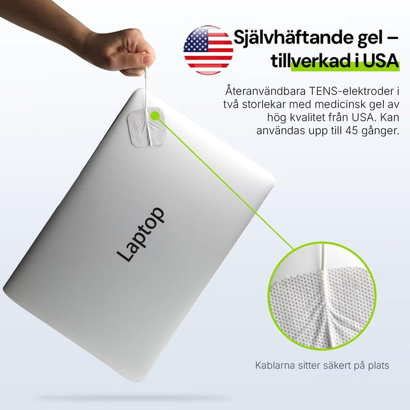 Återanvändbar TENS-elektrod med självhäftande gel som fästs på en yta, information om upp till 45 användningar.