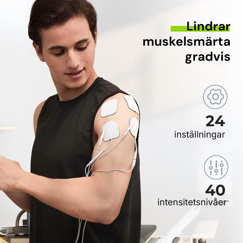 Man med elektroder fästa på överarmen, text om 24 inställningar och 40 intensitetsnivåer.