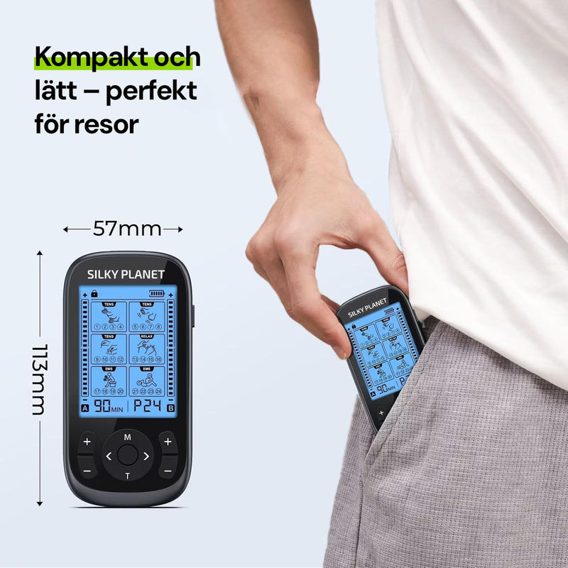 Silky Planet EMS-enhet med måtten 57 x 113 mm, visas i en ficka för att illustrera kompakt storlek.