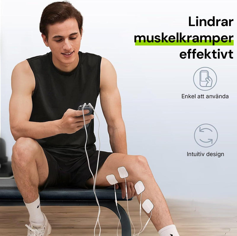 Man med elektroder fästa på knä och underben, text om lindring av muskelkramper.