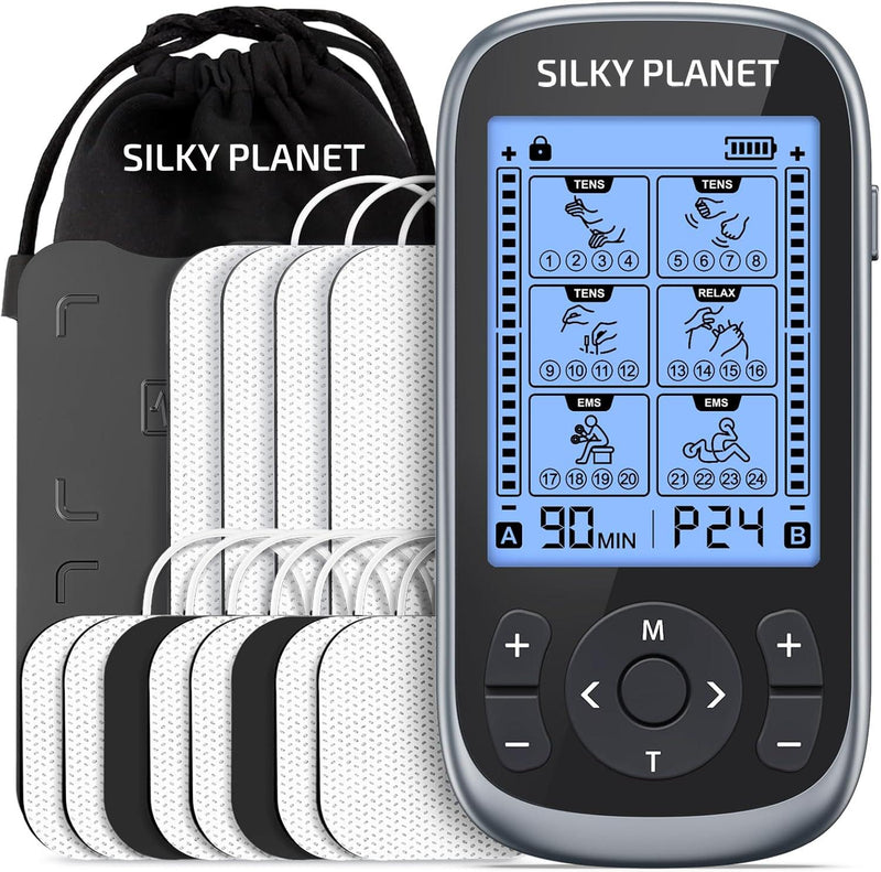 Silky Planet EMS-muskelstimulator med förvaringspåse och elektrodplåster, display visar behandlingslägen.