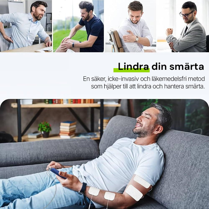 Fyra bilder av personer med smärta i rygg, knä, armbåge och handled samt en avslappnad man med elektroder på armen.