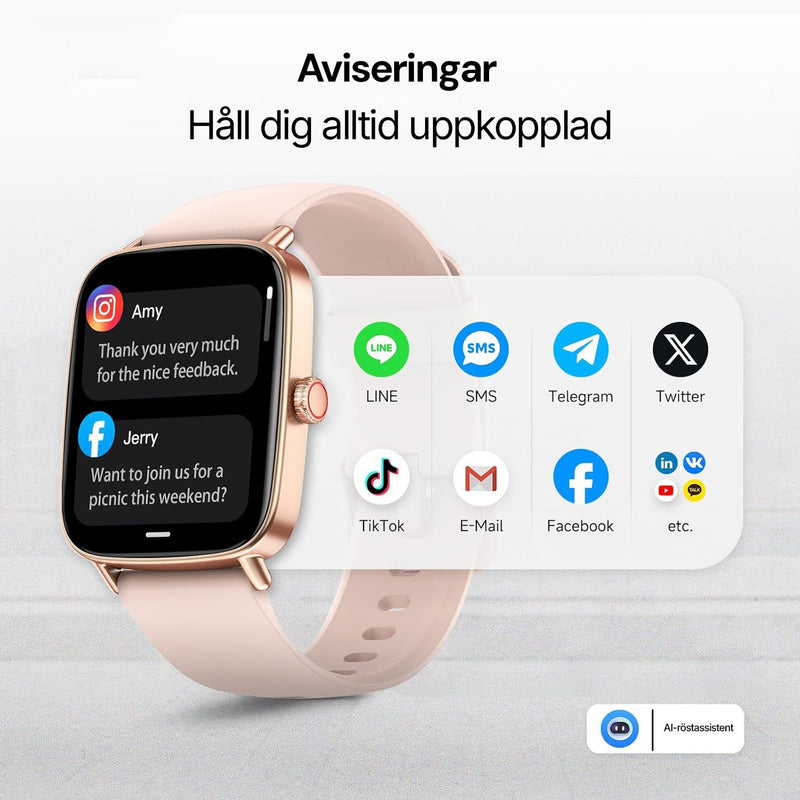 Fitnessklocka som visar meddelanden från appar som Instagram och Facebook samt ikoner för LINE, SMS, TikTok och e-post.