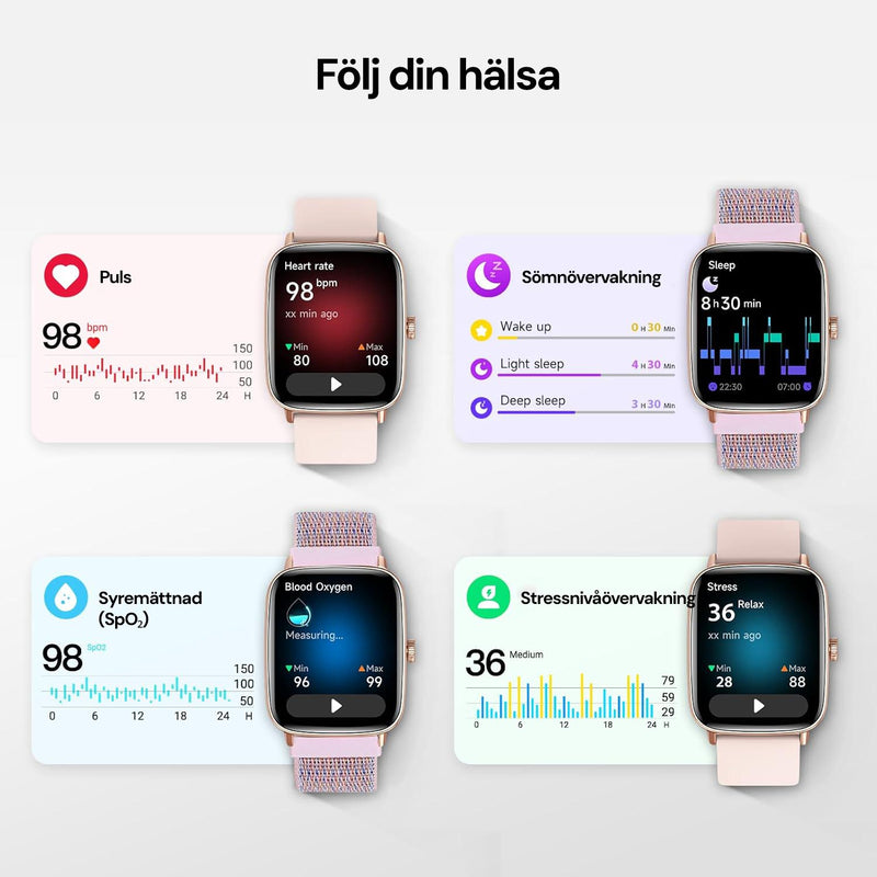 Fyra urtavlor som visar puls, sömnövervakning, syremättnad och stressnivå.
