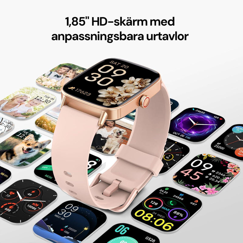 Klocka med anpassningsbar urtavla omgiven av flera olika alternativa urtavlor.