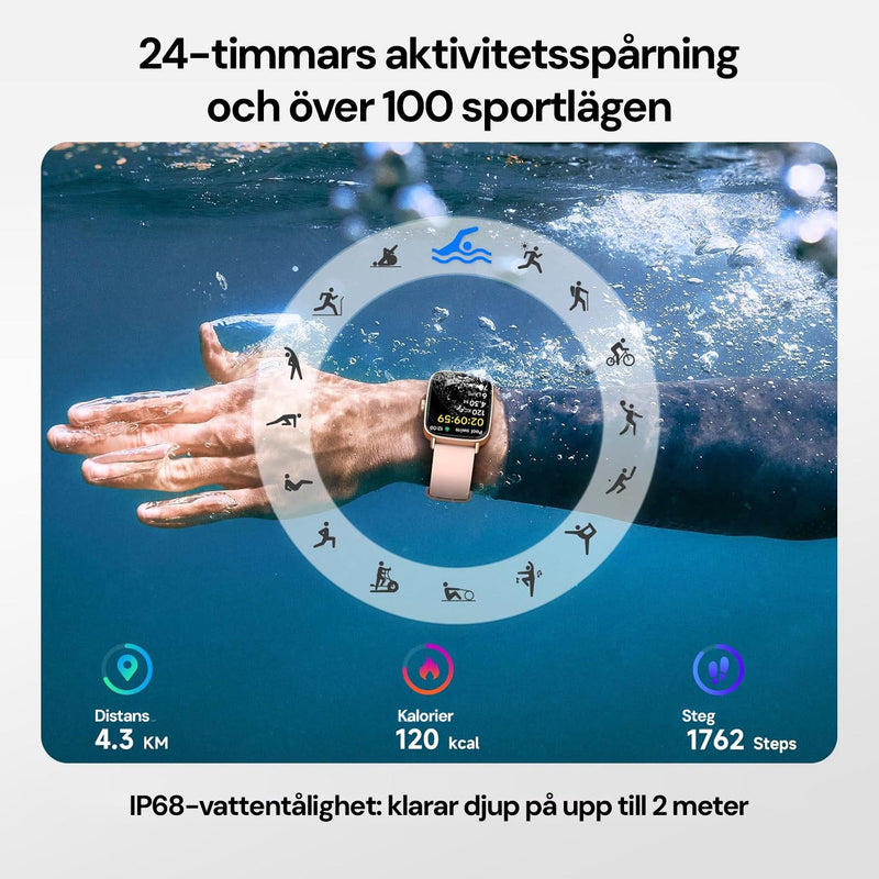 Arm med klocka under vatten, omgiven av ikoner för olika sportlägen samt information om IP68-vattentålighet.