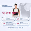 Silky Planet-banner med angivna fördelar för hållningskorrigeraren, buren av en kvinna