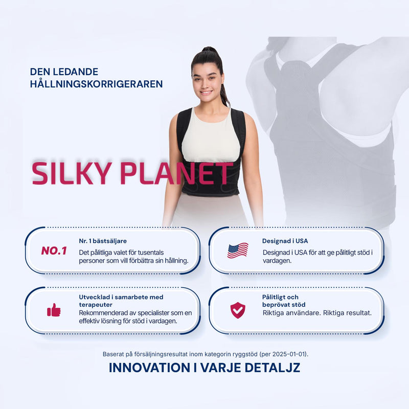 Silky Planet-banner med angivna fördelar för hållningskorrigeraren, buren av en kvinna