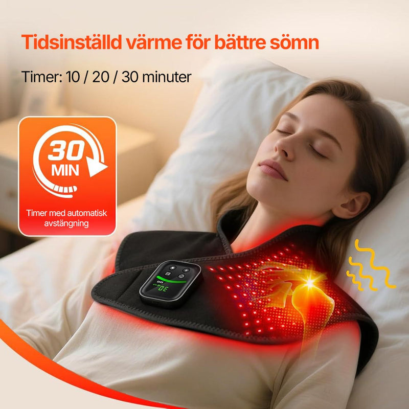 Kvinna sover med Silky Planets värmedyna på nacke och axlar, med information om timerfunktion