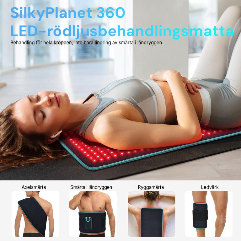 Kvinna som ligger på Silky Planet 360 LED infraröd terapimatta för helkroppsbehandling