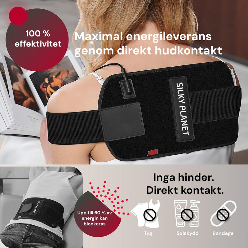Silky Planet infrarött terapibälte fäst runt axel med direkt hudkontakt