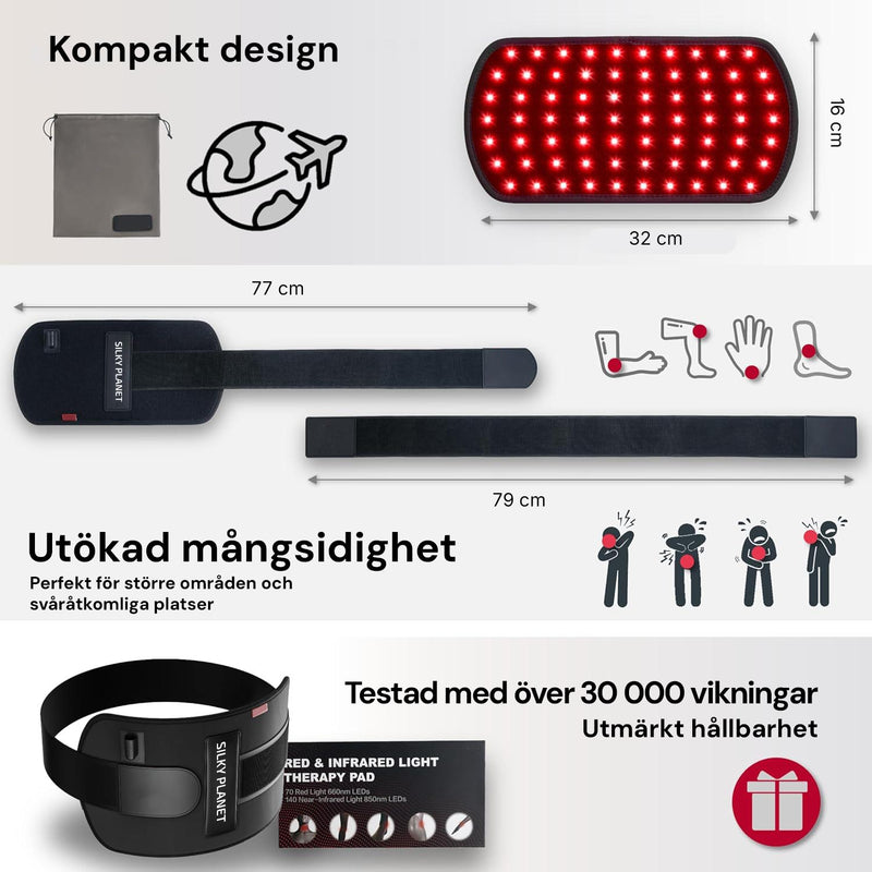 Silky Planet infrarött terapibälte med måttuppgifter och förvaringspåse för kompakt design