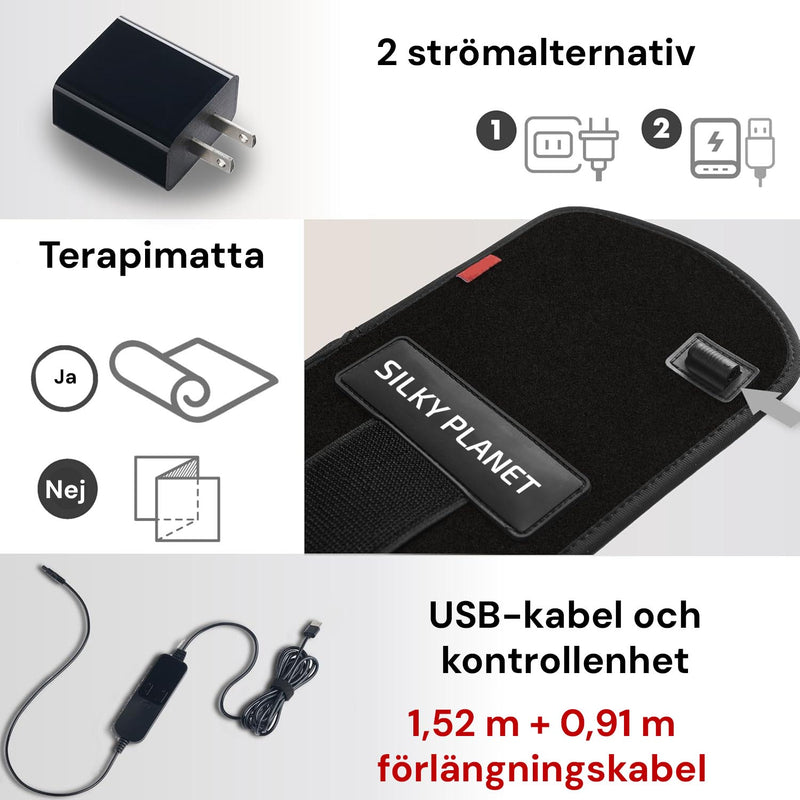 Silky Planet infrarött terapibälte med strömadapter, USB-kabel och kontrollenhet