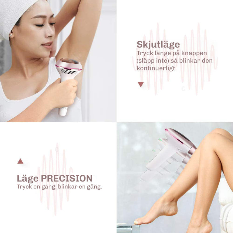 Bild som förklarar skjutläge och precisionsläge för Silky Planet IPL-hårborttagare Silky 2.0