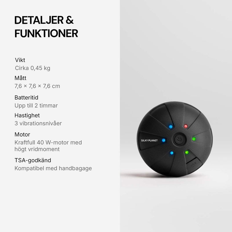 Specifikationstabell för Silky Planets massageboll med vikt, mått, batteritid och motor.
