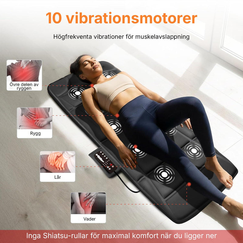 Kvinna som ligger på massagematta med markerade områden för rygg, lår och vader, information om tio vibrationsmotorer.