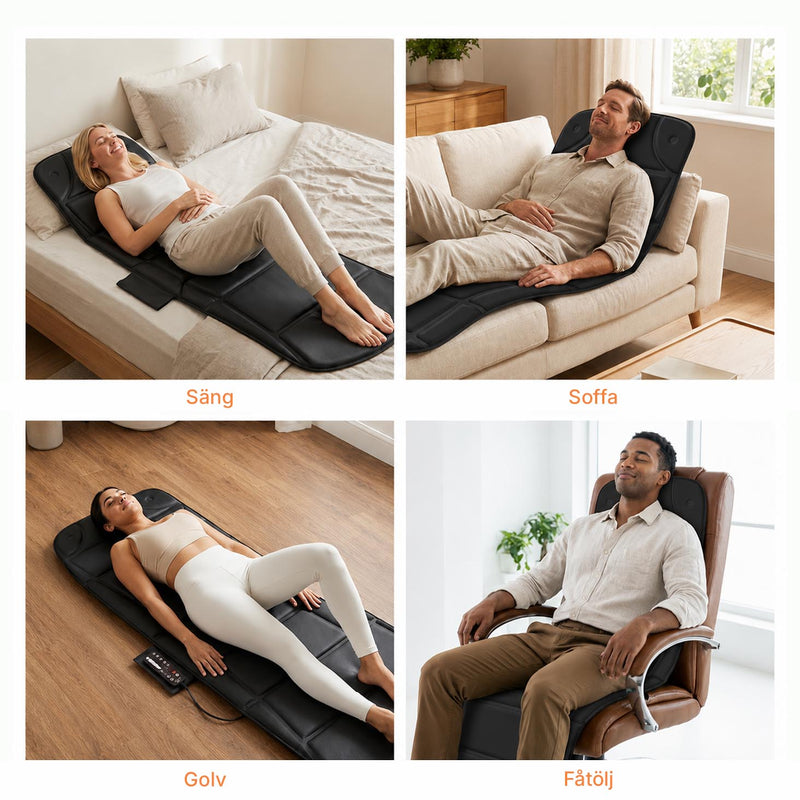 Fyra bilder som visar massagemattan använd i säng, soffa, på golvet och i fåtölj.