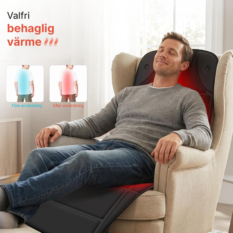 Man i fåtölj med massagematta, illustration av valfri värmefunktion före och efter användning.