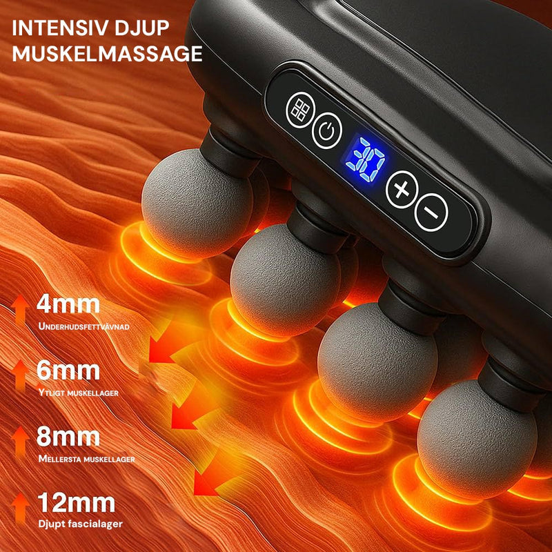 Silky Planet massagepistol 16 Pro+ fotograferad i vinkel med digital display som visar vald intensitetsnivå.