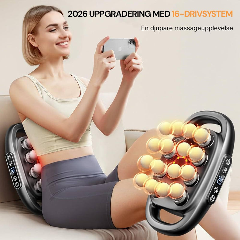 Silky Planet massagepistol 16 Pro+ visas tillsammans med bilder på löpare och personer med muskelspänningar i olika kroppsdelar.