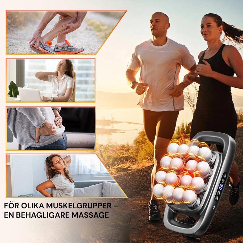 Närbild av massagehuvudena på Silky Planet massagepistol 16 Pro+ med värmefunktion illustrerad genom orange ljussken.