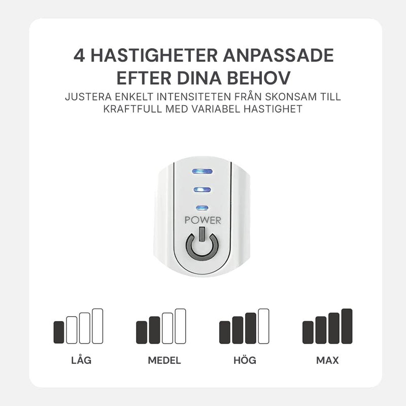 Närbild på strömknapp med fyra hastighetslägen (låg, medel, hög, max) på Silky Planet massageapparat.