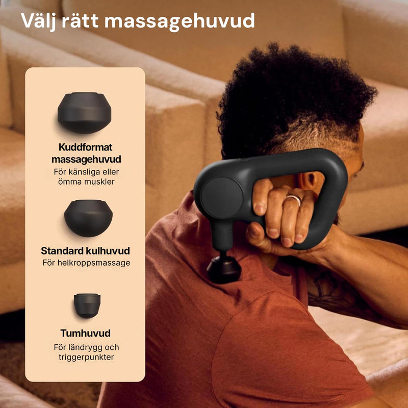 Tre olika massagehuvuden för Silky Planet massagepistol Pro+: kuddformat huvud, standard kulhuvud och tumhuvud.