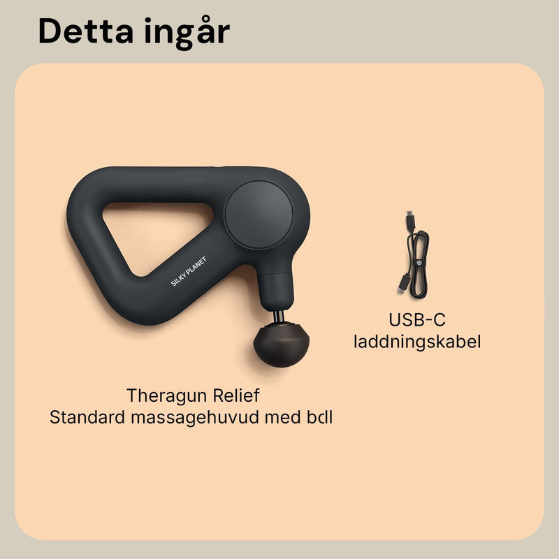 Innehållet i förpackningen för Silky Planet massagepistol Pro+: enheten, ett standardmassagehuvud och en USB-C-laddningskabel.