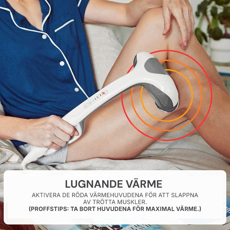 Person använder Silky Planet massageapparat med värmefunktion på benet.