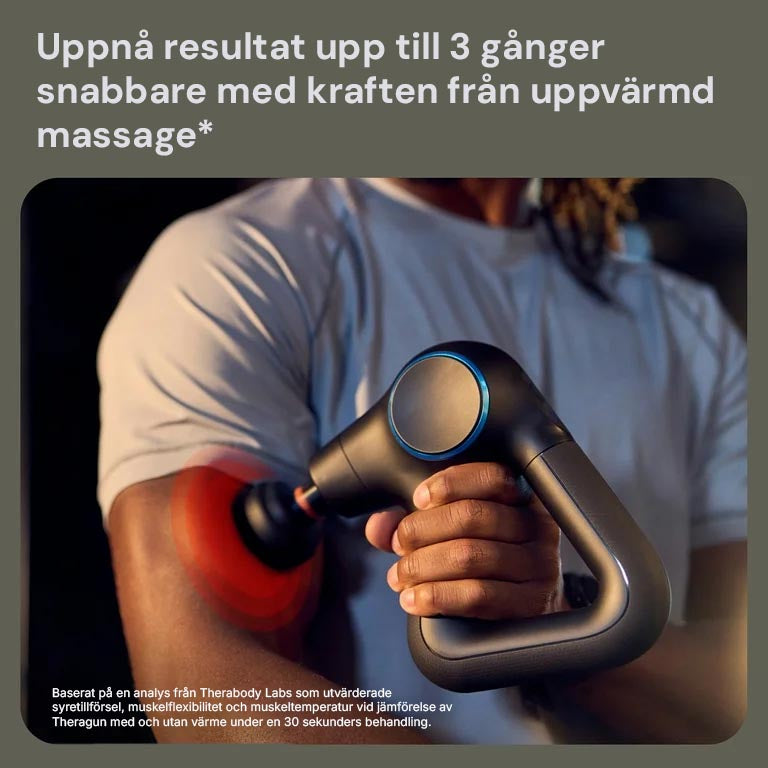 Silky Planet massagepistol Pro+ används mot en arm, illustrerat med rött sken som visar värmefunktionen.