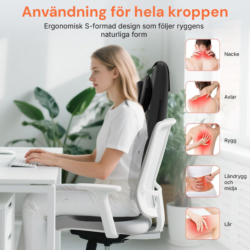 Kvinna vid skrivbord med Silky Planet massagesäte, illustration av ergonomisk S-formad design för nacke, axlar, rygg och lår