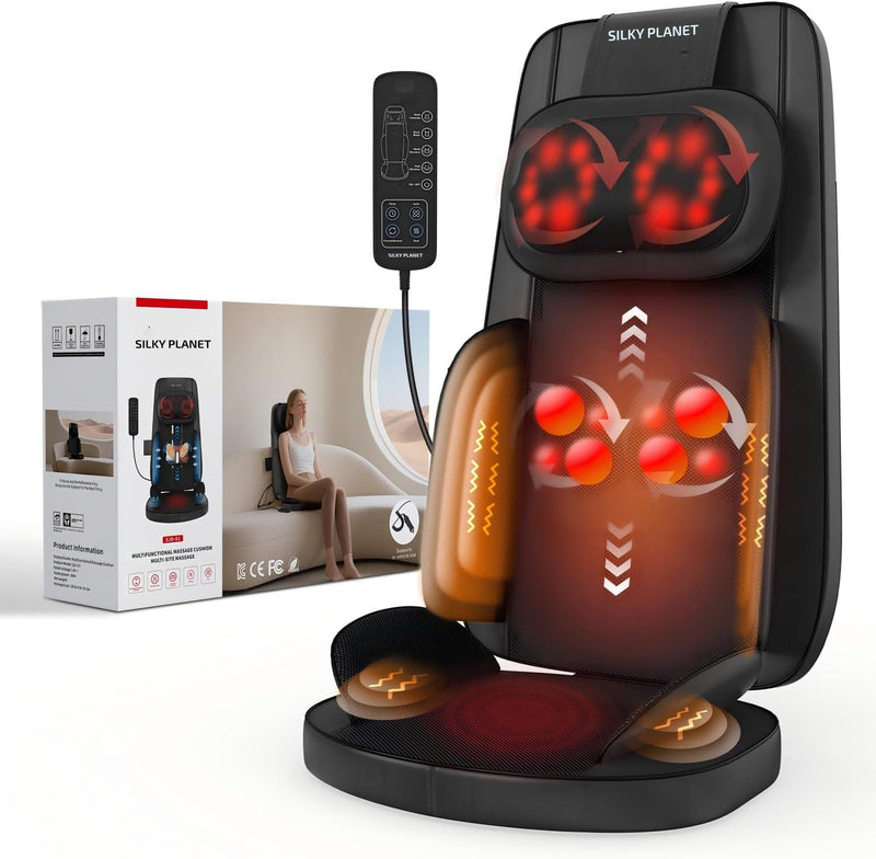 Man slappnar av i kontorsstol med Silky Planet massagesäte, illustration av värmeterapi med före/efter-jämförelse av ryggen