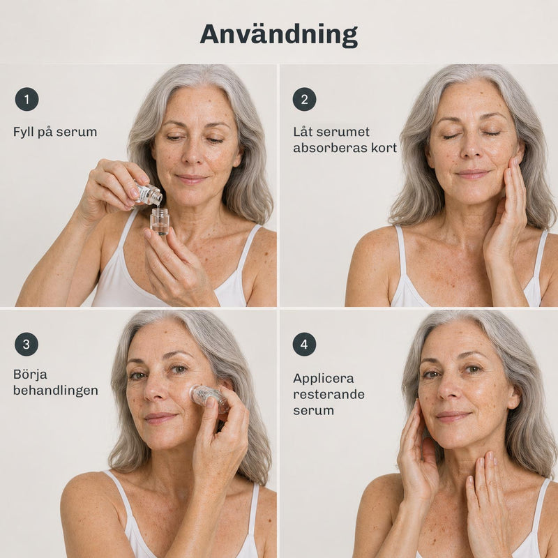 Fyra bilder som visar stegen för att använda Silky Planet mikronålsinfusionsenhet: fylla på serum, låta det absorberas, starta behandlingen och applicera resterande serum.
