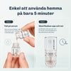 Steg 1 och 2 för användning av Silky Planet mikronålsinfusionsenhet: fylla på serum och vända flaskan upp och ner i två minuter.