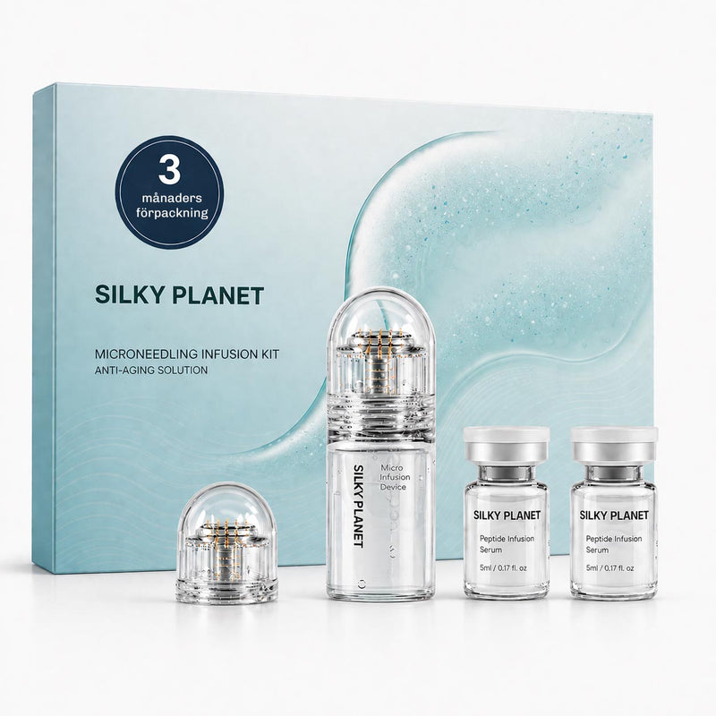 Förpackning av Silky Planet mikronålsinfusionskit märkt tre månader, tillsammans med infusionsenhet och serumflaskor.