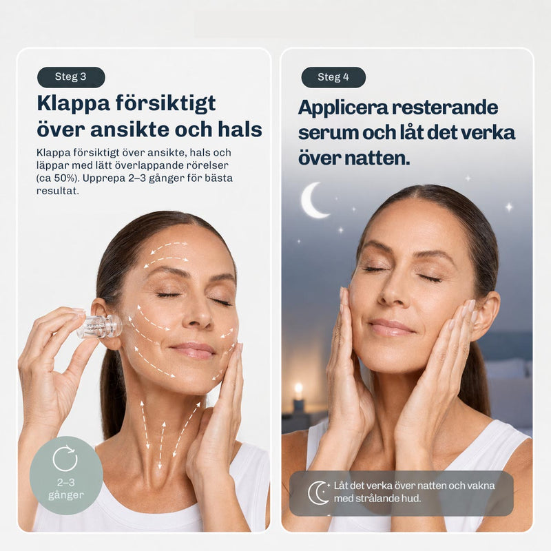 Steg 3 och 4 för användning av Silky Planet mikronålsinfusionsenhet: klappa försiktigt över ansikte och hals, sedan applicera resterande serum över natten.