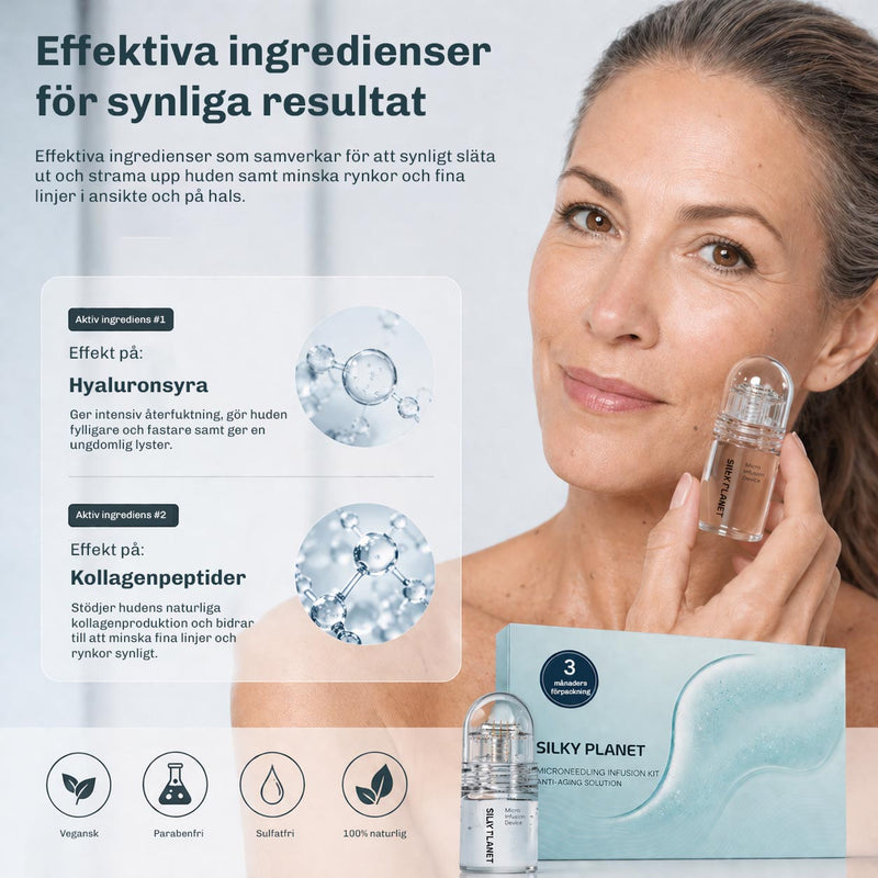 En kvinna håller Silky Planet mikronålsinfusionsenhet bredvid förpackningen, med information om ingredienser och att produkten är vegansk, parabenfri och sulfatfri.