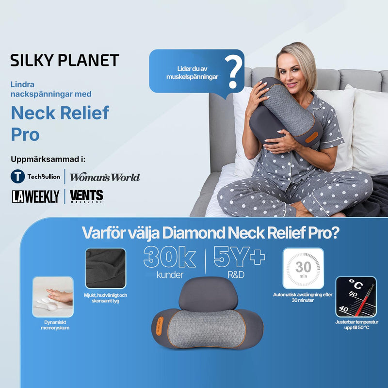 Kvinna i sängen med nackmassagekudden, omgiven av pressomnämnanden och produktinformation.