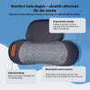 Nackmassagekudde uppifrån med information om ergonomisk design, sidenöverdrag och memoryskum.