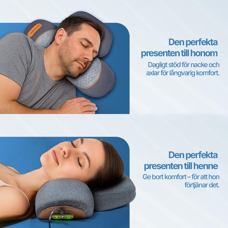 Man och kvinna som var för sig vilar med nackmassagekudden, presenterat som en presentidé.