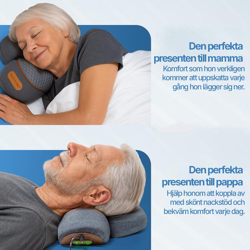 Äldre kvinna och äldre man som vilar med nackmassagekudden, presenterat som en presentidé.